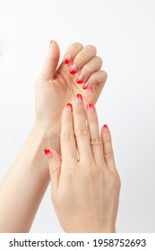 Beautiful woman's hands and nail art which designed gradient red color