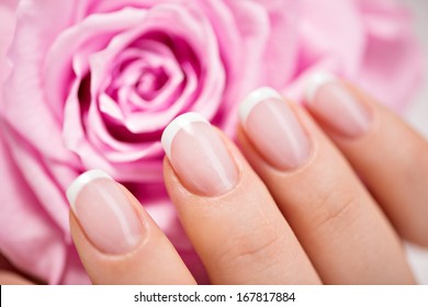 Beautiful woman's nails with beautiful french manicure  and pink rose