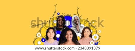 Beautiful women of different race and nationality over yellow background. Cultural equality. Contemporary art collage. Concept of women's equality day, feminism, gender, acceptance. Banner, flyer, ad