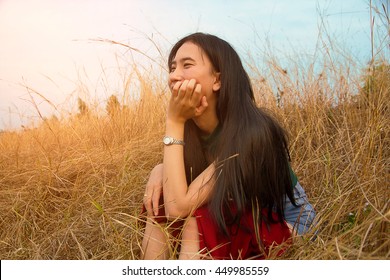 Beautiful Women Happy Smile Sitting Alone On Meadow Sunlight 