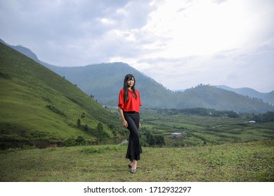 Beautiful Women Pose On The Mount Holbung Lake Toba