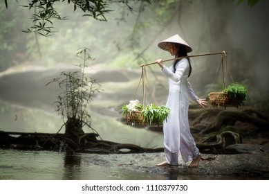 Beautiful women with traditional Vietnamese culture Ao dai is a traditional costume famous Ho Chi Minh Vietnam wilderness walk