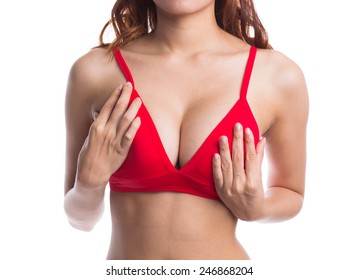 Beautiful women wearing red bra on white background