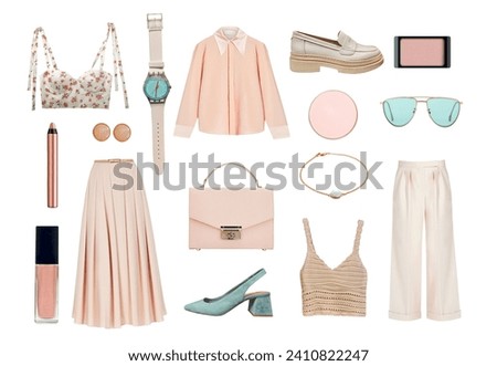 Beautiful women's clothing set isolated on white. Collection of female apparel, pastel color clothes. Pink,beige garment.