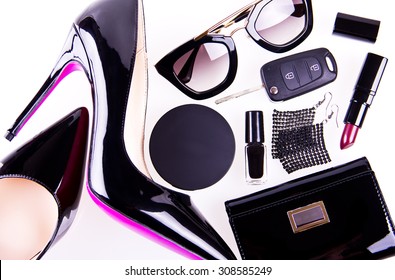 Beautiful Women's Minimal Set Of Fashion Accessories On White Background. Good For Blogs Or Magazines, Pinterest Or Instagram. Partly Isolated With A Shadows.