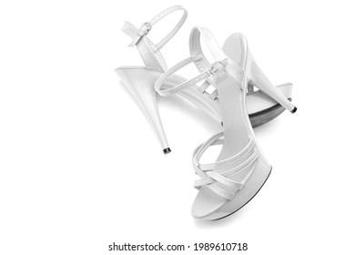 Beautiful Womens Shiny Patent White Stiletto Sandals On A White Background 