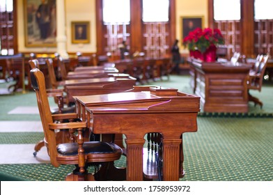 A beautiful wood desk of the Texas State Capitol