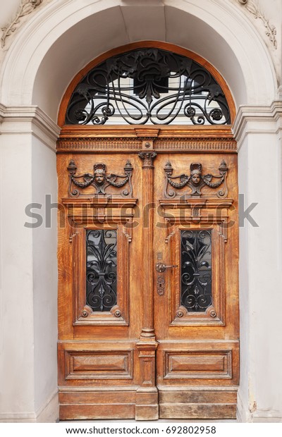 Beautiful Wood Door Trim Metal Decorations Stock Photo Edit Now