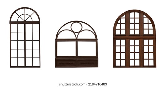 Beautiful wooden arch window frames on white background, collage. Banner design
