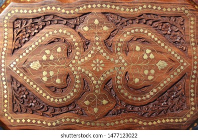 Beautiful Wooden Carved Table Top On The Indian Market With Floral Patterns And Metal Inlay In Indian Traditional Crafts, Indian Festival