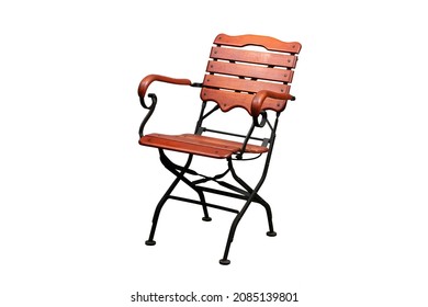 A Beautiful Wooden Chair With Metal Folding Legs.