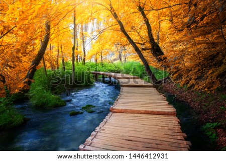 Beautiful wooden path trail for nature trekking with lakes and waterfall landscape in Plitvice Lakes National Park, UNESCO natural world heritage and famous travel destination of Croatia.
