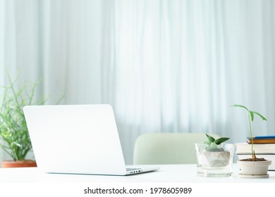 Beautiful Workspace - Online Remote Work From Home Concept. A Clean White Table With Computer Laptop And Plants Beside The Window With Sun Light Shine Through The Curtain. No People.