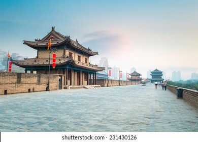 Beautiful Xian City Wall And Ancient Tower At Dusk , China 