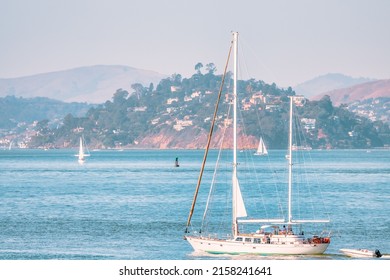 Beautiful yacht, in San Francisco bay, city on the horizon. California, USA