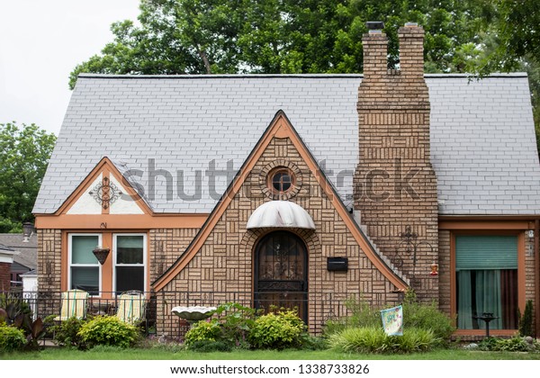 Beautiful Yellow Brick Cottage Double Fireplace Stock Photo Edit