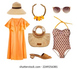 Beautiful yellow brown  clothes set isolated. Vocation style garment. Women's clothing summer collection. Female apparel.Resort items. - Powered by Shutterstock