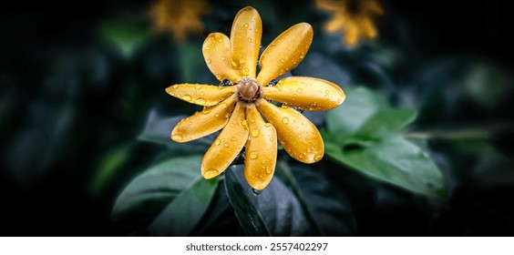 A beautiful yellow flower covered in dew - Powered by Shutterstock