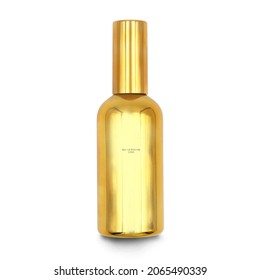 Beautiful Yellow Gold Bottle Of Perfume. Golden Male Eau De Parfum Bottle Isolated On White. Woody Aromatic Fragrance For Man. Man's Perfume Spray. Modern Luxury Men's Parfum De Toilette