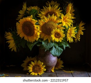 beautiful yellow Sunflower still life bouquet  in a clay jug ceramic rustic style oil honey Dark photo background wooden table Vintage. Retro. low key Autumn flowers - Shutterstock ID 2212311957