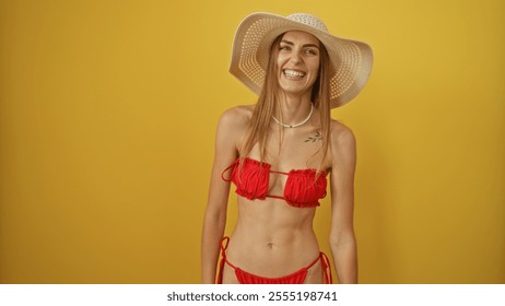 Beautiful young adult blonde woman in a red bikini and sunhat smiling over an isolated yellow background wall. - Powered by Shutterstock