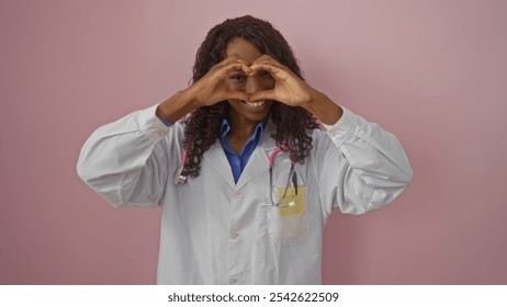 A beautiful young african american female doctor with curly hair forms a heart shape with her hands over an isolated pink background, symbolizing love and care. - Powered by Shutterstock