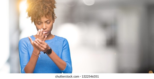 Beautiful Young African American Woman Over Isolated Background Suffering Pain On Hands And Fingers, Arthritis Inflammation