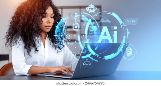 Beautiful young African American woman working with laptop in office with double exposure of immersive AI artificial intelligence interface. Concept of machine learning and big data - Powered by Shutterstock