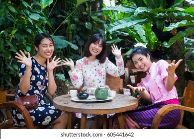 Beautiful Young Asian Enjoy High Tea Party 