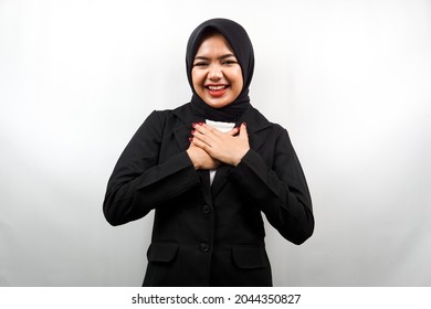 Beautiful Young Asian Muslim Business Woman Smiling Surprised And Cheerful, With  Hands Holding Chest, Excited, Not Expecting, Looking At Camera Isolated On White Background