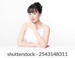 Beautiful young asian woman with clean fresh skin on white background, Face care, Facial treatment, Cosmetology, beauty and spa, Asian women portrait.