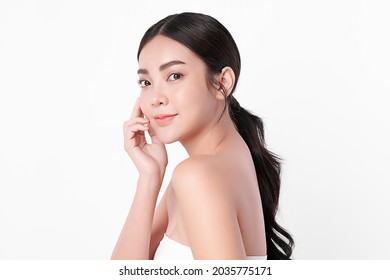 Beautiful young asian woman with clean fresh skin on white background, Face care, Facial treatment, Cosmetology, beauty and spa, Asian women portrait.