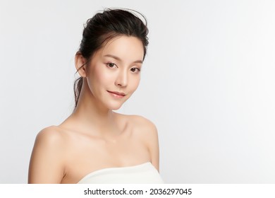 Beautiful Young Asian Woman With Clean Fresh Skin On White Background, Face Care, Facial Treatment, Cosmetology, Beauty And Spa, Asian Women Portrait.