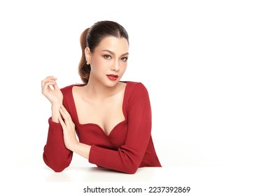 Beautiful young asian woman with clean skin on white background, model wearing red dress, Face care, Facial treatment, Cosmetology, beauty and spa, women portrait.