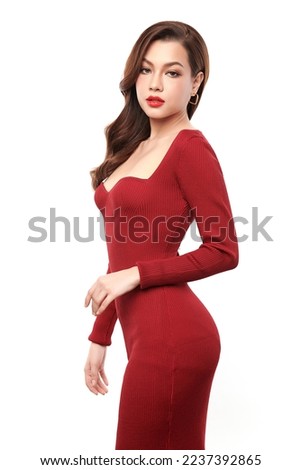 Beautiful young asian woman with clean skin on white background, model wearing red dress, Face care, Facial treatment, Cosmetology, beauty and spa, women portrait.