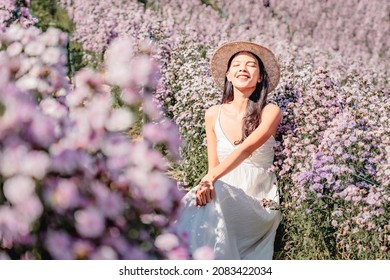 Beautiful Young Asian Woman Enjoying On Purple Marguerite Flower Blossom In The Garden Field