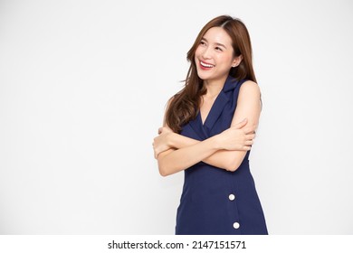 Beautiful Young Asian Woman Hugging Herself Isolated On White Background. Love Yourself And Self Care Concept