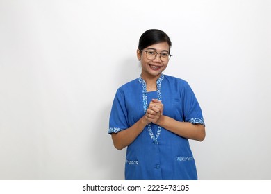 Beautiful Young Asian Woman Standing With Relieved Expression. Isolated On White Background