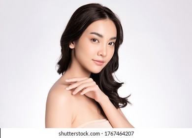 Beautiful Young Asian Woman Touching Her Body With Fresh Healthy Skin, Isolated On White Background, Beauty Cosmetics And Facial Treatment Concept