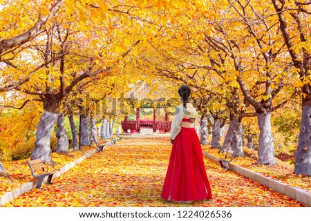 Beautiful Young Asian woman traveler in Korean national dress or Hanbok traveling into the Olympic park,Seoul in Seoul,South Korea. Autumn season 