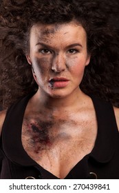 Beautiful Young Athlete Woman With Military Style Clothing And Dirty Face, Wound And Blood.