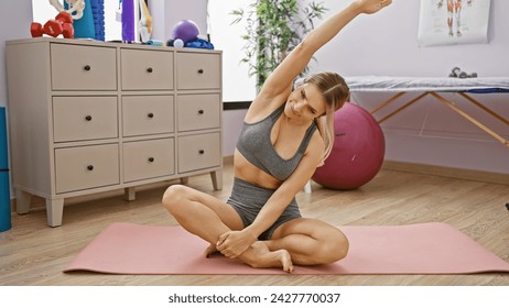 Beautiful, young and athletic blonde woman stretching her back through yoga training at a rehab clinic, embracing a healthy lifestyle with serious concentration and calm breathing. - Powered by Shutterstock