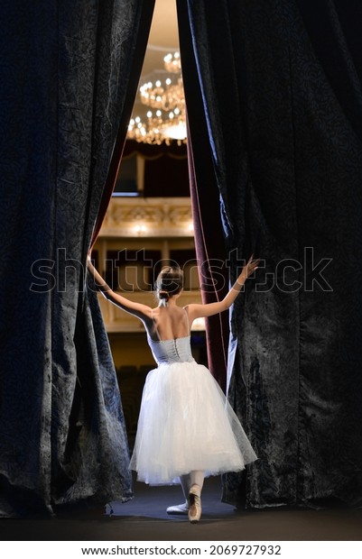 Beautiful\
young ballerina  behind the curtains in\
theatre