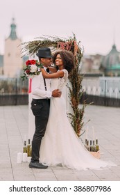  Beautiful Young Black Wedding Couple Dreamily Looks Into The Sky