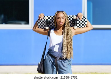 Beautiful Young Black Woman With Coloured Braids. Typical African Hairstyle.