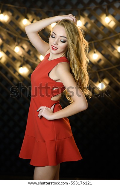Beautiful Young Blonde Woman Red Dress Stock Photo Edit Now