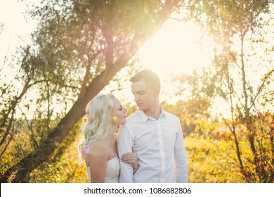 Beautiful young bride and groom walking and kissing on a sunset background. Cute newlyweds standing on the green field with green grass, kissing and embracing. Pretty fiancee and fiancé on sunset.
