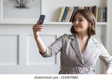 Beautiful Young Business Woman. Concept Of Success, Female At Work, Office Clothes Style, Dress Code. Professions: Lawyer, Advocate, Entrepreneur. Self Confident, Smart. Taking Picture, Photo, Selfie