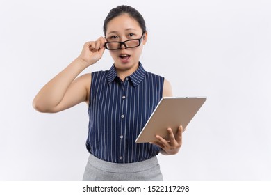 Beautiful Young Business Woman With Ipad On White Background