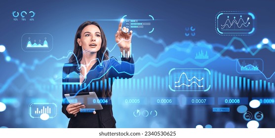 Beautiful young businesswoman with tablet computer working with digital financial graph interface over blurry city background. Concept of investment, stock market and data analysis - Powered by Shutterstock